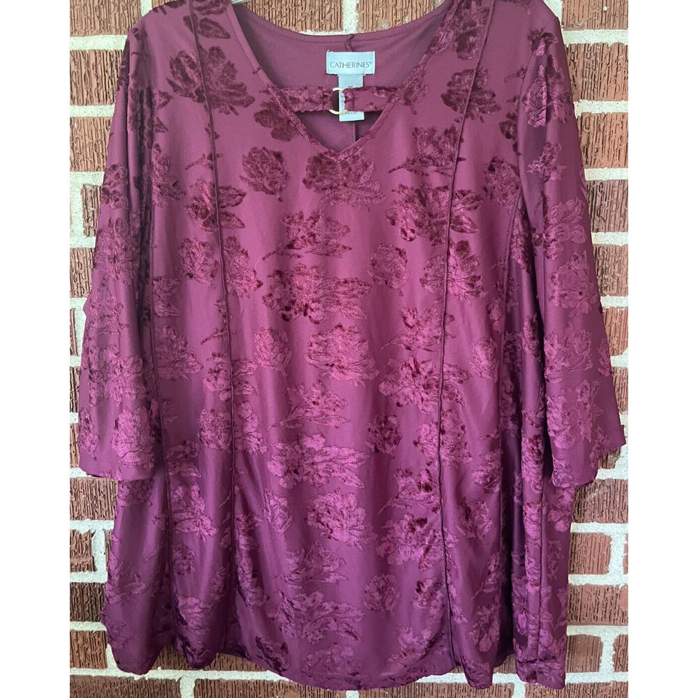 Catherines Burgundy Floral Blouse with 3/4 Sleeves and Gold